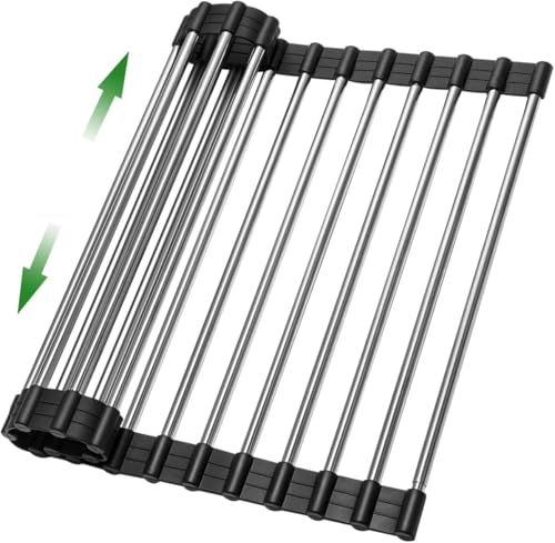 Expandable Roll Up Dish Drying Rack Over The Sink Rack, Foldable Dish Drainer Rack Stainless Steel for Large Sink, Silicone Rollable Collapsible Rack 18 Tube for Kitchen(Sliver,12'' to 21.14”) - color: Black+silver Expandable