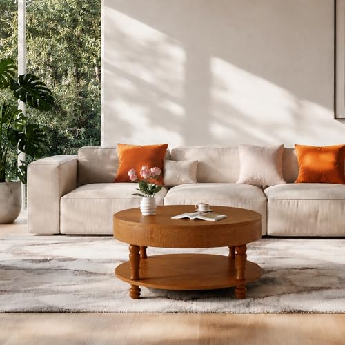 TIANG Tool-Free Flip Top Solid Wood Round Coffee Table with Hidden Storage | 31.5" Modern Center Table for Living Room, Adjustable Silent Footpads,Sturdy Holds up to 100 lbs,Classic 2-Tier Design - color: Antique Brown