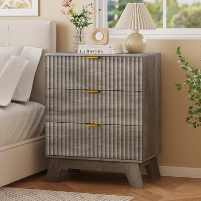 Fluted Nightstand with 3 Large Drawers, Wooden Side End Table with Elevated Legs for Easy Cleaning, Sturdy Modern Beside Table for Small Space, Bedroom, Grey, 24" L - color: Grey
