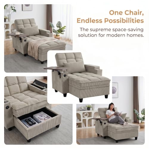 Convertible Sleeper Chair, Pull Out Sofa Bed with Adjustable Backrest & Hidden Storage Armrest, Single Sofa Recliner with USB Charging Port & Cup Holders for Living Room, Bedroom, Khaki - color: C-khaki-i3