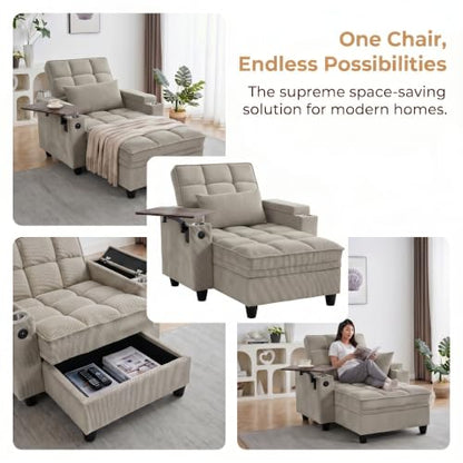 Convertible Sleeper Chair, Pull Out Sofa Bed with Adjustable Backrest & Hidden Storage Armrest, Single Sofa Recliner with USB Charging Port & Cup Holders for Living Room, Bedroom, Khaki - color: C-khaki-i3