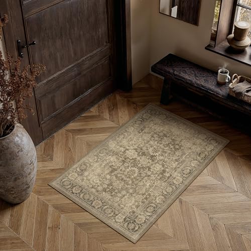 2x3 Brown Washable Entryway Area Rug Vintage Distressed | Retro, Non Slip, Soft Low Pile, Small Carpet for Kitchen, Door Mat, Bathroom, Office, Indoor Home Decor - color: Brown, size: 2' x 3' (Rectangular)