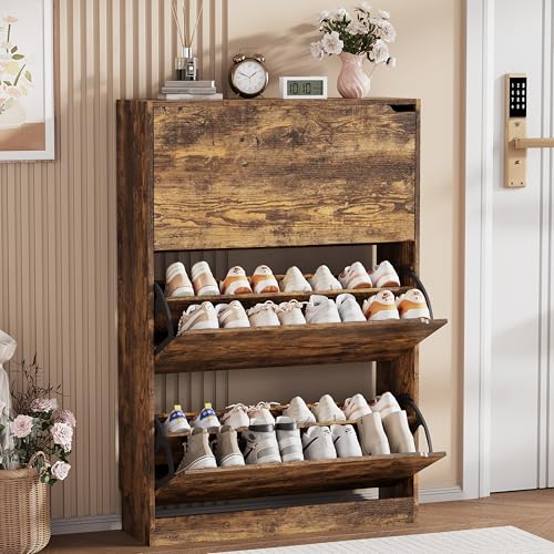 Shoe Storage Cabinet, Wood Shoe Organizer for Entryway with 3 Flip Drawers, Freestanding Shoe Rack with Adjustable Shelf, Narrow Shoe Dresser for Front Door Entrance (Brown, 3 Drawers) - color: Brown, size: Regular 3 Drawers