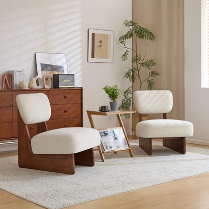 Christopher Knight Home Mores Low Profile Accent Chair Set of 2, Modern Living Room Armless Lounge Chair, Fabric Comfy Reading Chair for Bedroom, Wooden Frame and Thick Padded Seat, White+Walnut - color: Walnut+white C