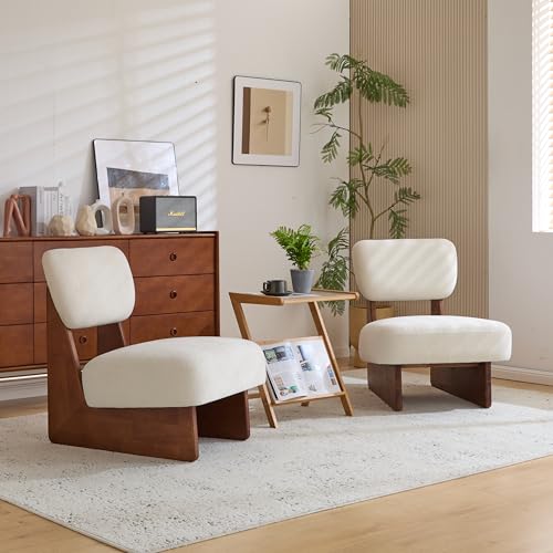 Christopher Knight Home Mores Low Profile Accent Chair Set of 2, Modern Living Room Armless Lounge Chair, Fabric Comfy Reading Chair for Bedroom, Wooden Frame and Thick Padded Seat, White+Walnut - color: Walnut+white C