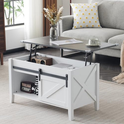 VINGLI Farmhouse Lift Top Coffee Table,36" Living Room Table,White Charcoal
