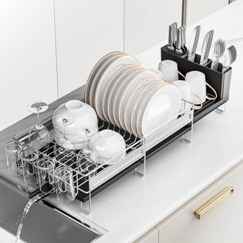 Stainless Steel Dish Drying Rack - Expandable Dish Racks for Kitchen Counter Organizer with Drain Board, Detachable Utensil & Cup Holder, Dish Drainer for Small Kitchen Counter, Black - color: Black