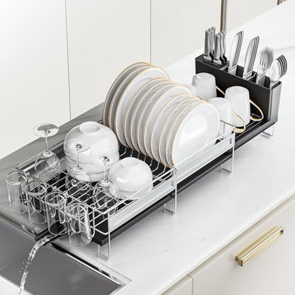 Stainless Steel Dish Drying Rack - Expandable Dish Racks for Kitchen Counter Organizer with Drain Board, Detachable Utensil & Cup Holder, Dish Drainer for Small Kitchen Counter, Black - color: Black