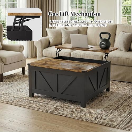35” Farmhouse Coffee Table with Large Storage, Rustic Wood Lift Top Coffee Table for Living Room, Square Center Table with Charging Station&USB, Modern Port Pottery Barn Lift top Table - color: Black