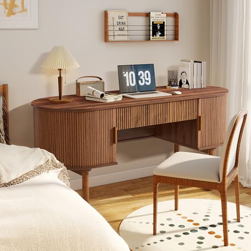 Home Office Oval Desk with Sliding Tambour Door and Drawer, Modern Fluted Wood Executive Computer Storage Desk for Study, Living Room, Bedroom, Office - Walnut - color: Walnut