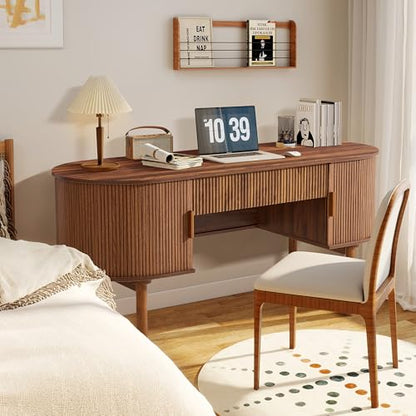 Home Office Oval Desk with Sliding Tambour Door and Drawer, Modern Fluted Wood Executive Computer Storage Desk for Study, Living Room, Bedroom, Office - Walnut - color: Walnut