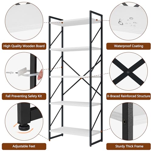 Shintenchi 5 Tiers Bookshelf, Classically Tall Bookcase Shelf,Industrial Book Rack,Modern Book Holder in Bedroom/Living Room/Office, Storage Rack Shelves for Books/Movies,11.8" Dx23.6 Wx62.2 H,White - color: White