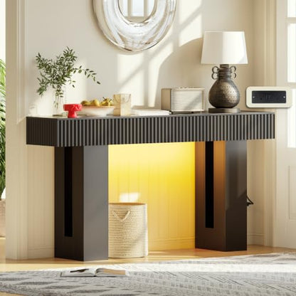 60-Inch Long Entryway Table with Built-in Power Outlet and App & Button-Controlled RGB Light, Thick Wood Farmhouse Console Table for Behind Sofa, Narrow Hallway, Living Room, Foyer, Entrance, Black - color: Black, size: 60 Inch