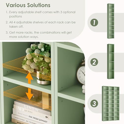 FOTOSOK 2 Pcs 71'' Tall Narrow Bookshelf, 8-Tier Media Tower Rack Set of 2 | CD DVD Storage Cabinet with Adjustable Shelves, Tall Narrow Bookcase Skinny Display Bookshelf Slim Shelf, Green - color: Green