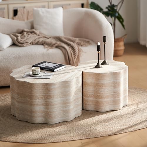 Nesting Coffee Table Set of 2, Modern Wood Center Table for Living Room, Faux Mars Pattern Side Table Accent End Table for Apartment Office, No Need Assembly (26.7"& 23.6") - color: 26.7"& 23.6" Beige Brown