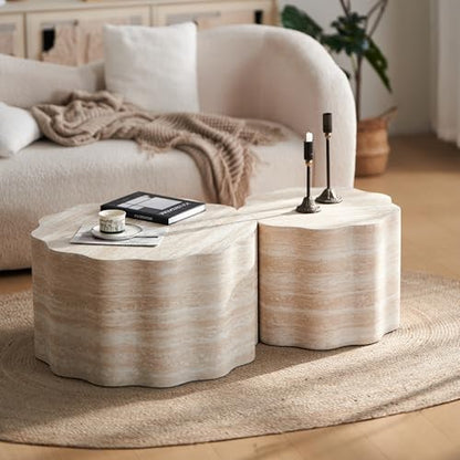 Nesting Coffee Table Set of 2, Modern Wood Center Table for Living Room, Faux Mars Pattern Side Table Accent End Table for Apartment Office, No Need Assembly (26.7"& 23.6") - color: 26.7"& 23.6" Beige Brown