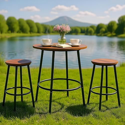 SUPER DEAL Round Pub Dining Set, 3 Piece Small Kitchen Table Set with 2 Counter Height Wood Bar Stools for Kitchen Breakfast, Living Room, Small Space, Rustic Brown