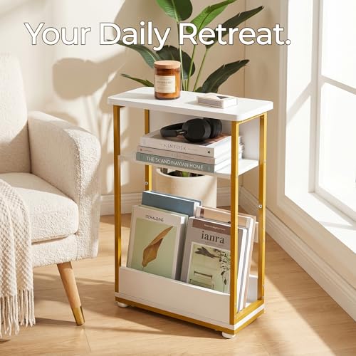 Narrow Side Table,3-Tier Slim End Table with Storage Shelf,Modern Sofa Table Thin Side Table for Small Spaces, Skinny Bedside Table Small Nightstand with Magazine Rack Space Saving/White+Gold - color: White+gold