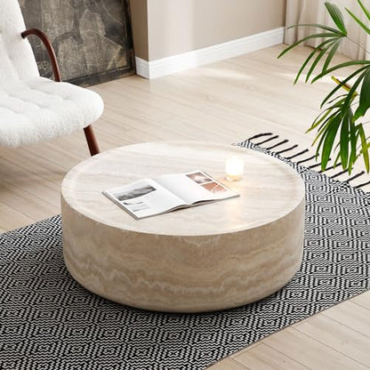 Round Faux Marble Coffee Table, Modern Drum Design, Circle FiberglassCoffee Table, End Table for Living Room, Apartment, No Assembly Required (39.37'' Mars Pattern) - color: 39.37'' Mars Pattern