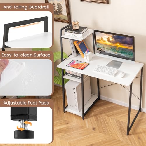 Tangkula Computer Desk with Shelves, Space Saving Home Office Desk with 3-Tier Ladder Shaped Storage Bookshelf, Modern Writing Study Desk with Metal Frame, Compact Computer Workstation (White) - color: White
