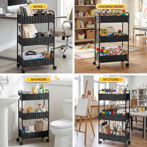 Utility Slim Storage Cart,3-Tier Rolling Kitchen Office Laundry Room Cart,Mobile Shelving Unit Organizer for Living Room Bathroom Baby Diaper Narrow Places (Black, 3 Tiers-7.1 inch (W)) - color: Black