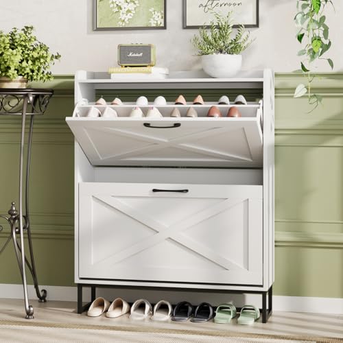 Maupvit Shoe Cabinet with 2 Flip Drawers, Freestanding Shoe Cabinet Organizer with Metal Legs, Shoes Storage Cabinet for Entryway, Narrow Shoe Rack Cabinet, White - color: White, style: 2-Drawers