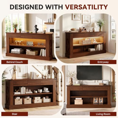 Miereirl 63" Console Table with Drawers & LED Light, Farmhouse, Walnut | Narrow Entryway Sofa Table, 3 Storage Drawers & Open Shelves, Behind Couch, Living Room Hallway Foyer - color: Walnut
