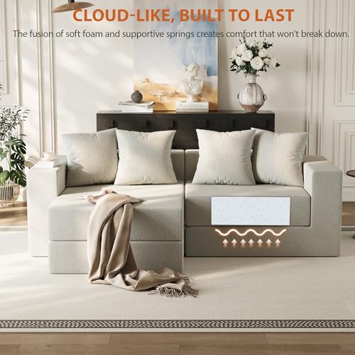 Modular Boneless Loveseat, L-Shape Cloud-Like Sectional Couch with High-Density Memory Foam, Convertible Comfy Couch for Living Room Apartment Small Space - No Assembly Required, White - color: White