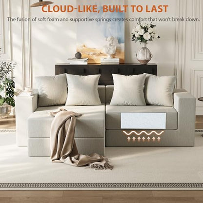 Modular Boneless Loveseat, L-Shape Cloud-Like Sectional Couch with High-Density Memory Foam, Convertible Comfy Couch for Living Room Apartment Small Space - No Assembly Required, White - color: White