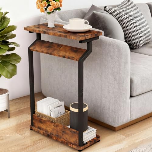Narrow Side Table for Small Spaces, 2-Tier Farmhouse Small End Table, Slim TV Tray Couch Table Skinny Sofa Tray Tables Thin End Tables for Living Room Bedroom, Rustic Brown