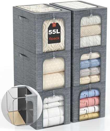 GoMaihe Blanket Storage Bins with Metal Frame for Closet, 55L 6-Pack Grey | Clothing Bedding Winter Coat Comforters , Closet Top Shelf, Collapse-Proof Stackable, See Through, Dual Access Space Saving - color: Gray, size: 55L