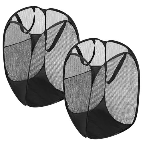 Collapsible Mesh Pop Up Hamper with Wide Opening and Side Pocket-Breathable | Sturdy, Foldable, and Space-Saving Design for Clothes and Storage (Black), laundry hamper, foldable hamper, pop up basket