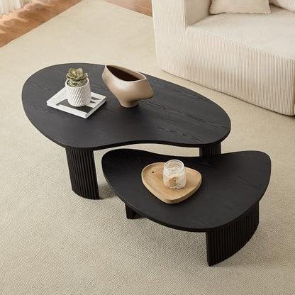Modern Nesting Coffee Tables Set, 2-Piece Irregular Circle Wood Center Tables Unique End Side Table for Living Room Office, Fluted Legs Easy Assembly - Black - color: 49.41"&28.35-black