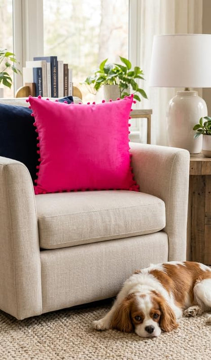 WWW.THROWPILLOW.IN Hot Pink Solid Cotton Cushion Cover with Pom Pom Preppy Decorative Throw Pillow Cover for Dorm Room,Feminine Chic Home Decor Accent Large Square Cushion 20x20 Inches