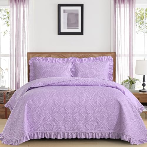 DJY Queen Quilt Set, Ruffled Bedding, Lavender Purple Bedspreads | Lightweight Soft Coverlet, 3 Piece Basket Weave Quilted Blanket Thin Quilt Bed Cover for All Season, 96''x90'' - color: Lavender, size: Queen