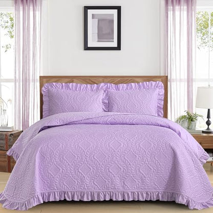 DJY Queen Quilt Set, Ruffled Bedding, Lavender Purple Bedspreads | Lightweight Soft Coverlet, 3 Piece Basket Weave Quilted Blanket Thin Quilt Bed Cover for All Season, 96''x90'' - color: Lavender, size: Queen