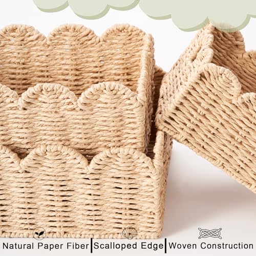 Scalloped Wicker Baskets Set of 3, Hand-Woven Storage with Handles | set of 3 beige scalloped baskets with handles. Hand-woven paper rope for shelves, bathroom or closet. Stackable, sturdy. - color: Beige