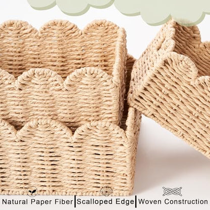 Scalloped Wicker Baskets Set of 3, Hand-Woven Storage with Handles | set of 3 beige scalloped baskets with handles. Hand-woven paper rope for shelves, bathroom or closet. Stackable, sturdy. - color: Beige
