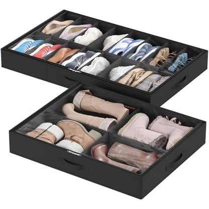 Lifewit Under Bed Shoe Storage Organizer 1 Pack(16 Shoes Cells+4 Boots Cells), 4.3 Inches Profile Fabric Shoes Container Box with Clear Cover, Foldable Storage Bag with 2 Handles, Fits 12 to 20 Pairs - style: 16 Shoes Cells+4 Boots Cells