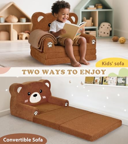 Foryoomi Kids Couch, 2-in-1 Soft Toddler Couch Fold Out with Blanket, Chair Comfy, Foldable Convertible Plush Sofa, Gifts for Kids Girl Boys, Bear - color: Bear