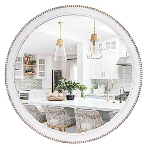 sawsile Round Wood Mirror,28 inch Circle Rustic Farmhouse White Wooden Frame Boho Beads Wall Mirror for Bathroom,Living Room,Bedroom or Entryway - color: White, size: 28"L x 28"W
