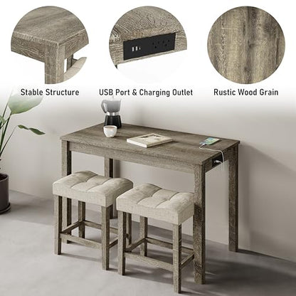 allamazing 3-Piece Counter Height Bar Table Set with Socket and 2 Fabric Padded Bar Stools, Tall Kitchen Breakfast Dining Table Set with Stools (1+2 Natural) - color: 1+2 Natural