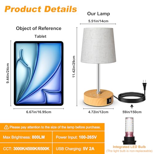 Ascher Small Bedside Table lamp Set of 2, RGB Color Changing Lamps, 3 Color Temperatures, Stepless Dimmable, Nightstand Lamp with USB C+A Ports for Bedroom Living Room, (Flaxen Shade, Wood Grain Base) - color: Wood Grain Base & Flaxen Shade - 2 Pack, size