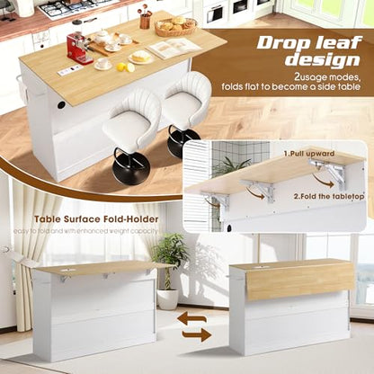 60" Kitchen Island with Power Outlet, Drop Leaf, Trash Can Storage | Rolling Kitchen Island Table Cart Cabinet with Drawer, Mobile Kitchen Cabinet on Wheels w/Spice Rack, Towel Bar, Hooks - color: White, size: 60"