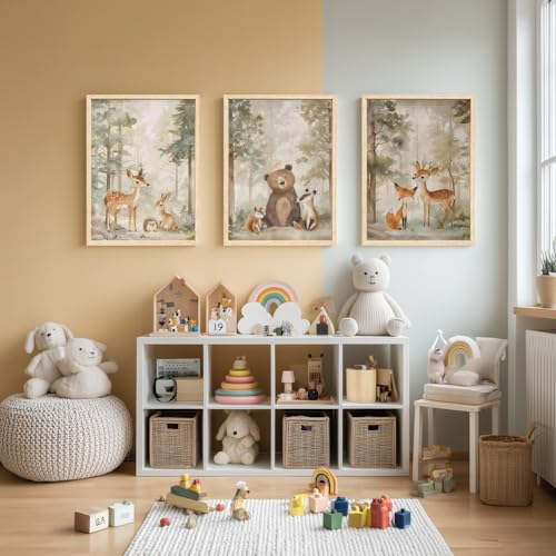Cyebmo Woodland Animals Wall Art Set of 3, Baby Boy Wild Forest Animals Wall Decor, Deer Bear Fox Canvas Painting, Neutral Aesthetic Pictures for Kids Room Benroom Nursery Wood Framed 12"x16"x3 - color: Beige(Wood), size: 16"L x 12"W