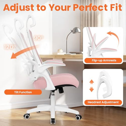 NEO CHAIR Office Desk Chair with Ergonomic High Back Mesh Headrest, Pink | Adjustable Headrest and Lumbar Support with Flip-Up Armrests Designed for Extended Sitting Comfort While Saving Space - color: Pink