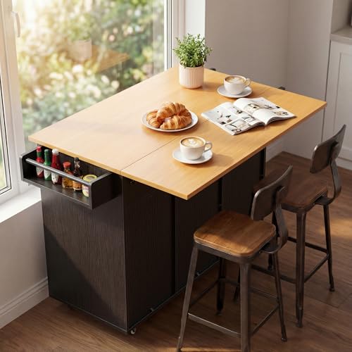 YESHOMY 56" Kitchen Island with Trash Can Storage, Drop Leaf Kitchen Island with Storage, 2 Drawers, 5 Wheels, Spice Rack & Towel Holder, Black and Yellow Oak - color: Black and Yellow Oak