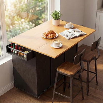 YESHOMY 56" Kitchen Island with Trash Can Storage, Drop Leaf Kitchen Island with Storage, 2 Drawers, 5 Wheels, Spice Rack & Towel Holder, Black and Yellow Oak - color: Black and Yellow Oak