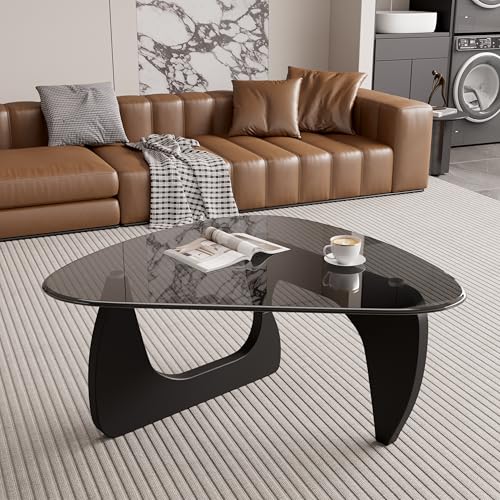 Modern Glass Coffee Table, Triangle Center Table with Tempered Glass Top& Unique Wooden Base, 42.5” Mid Century Tea Tables for Living Room, Apartment, Office,Black & Grey - color: Black & Grey, size: Large 42.5*28.5*15.7in
