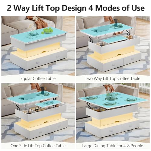 Turosur 40" Lift Top Coffee Table, Coffee Tables with Storage and 4 Drawer, Coffee Table with Lifting top with LED Lights for Living Room Home Office - color: White